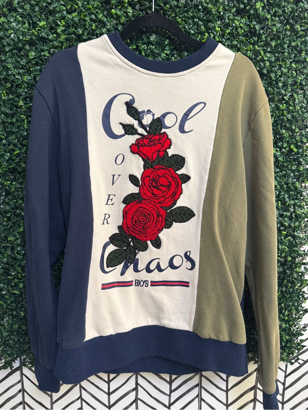 Y2K BKYS Rose Panel Sweatshirt - Navy, Olive & Cream